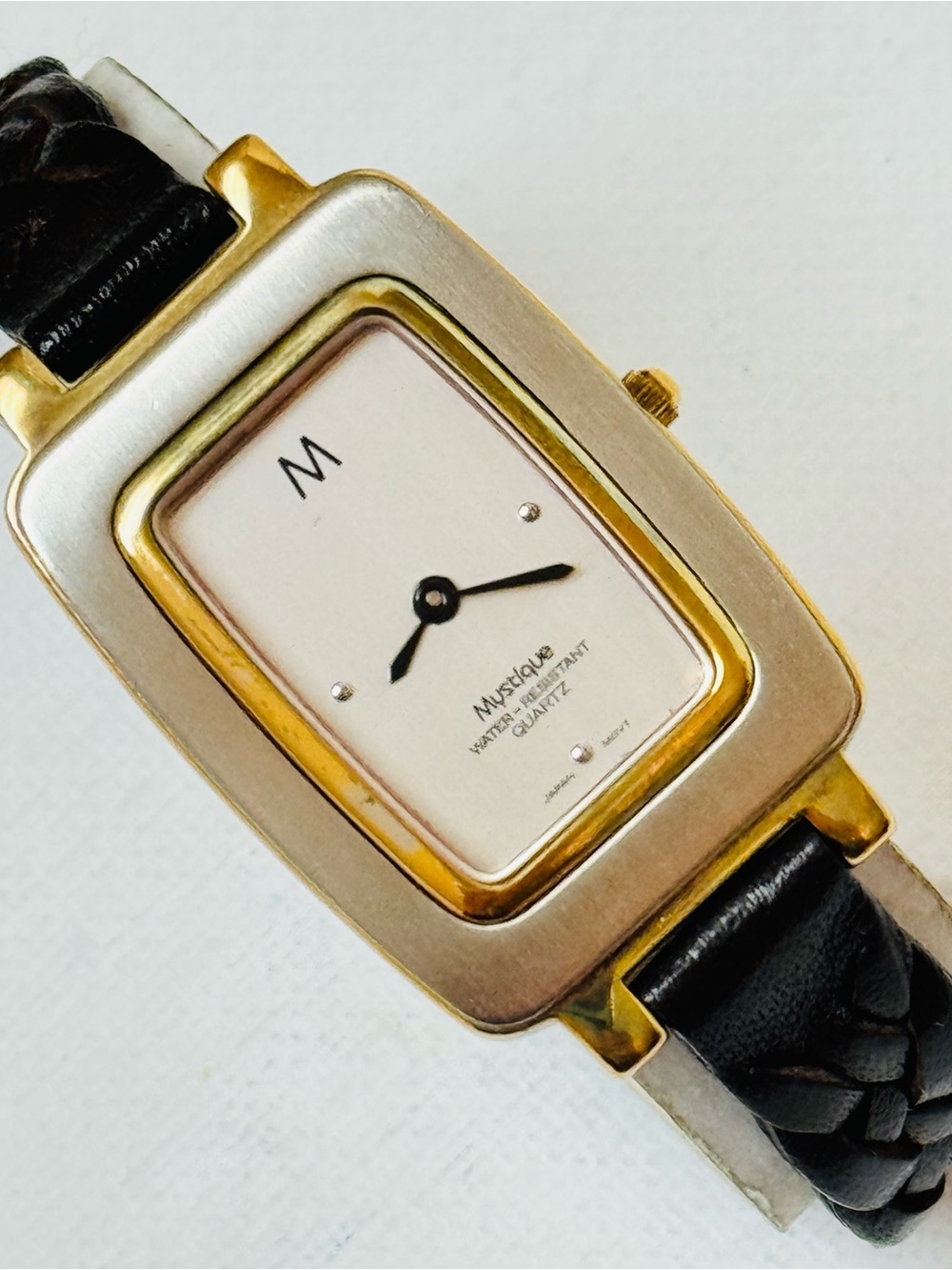Vintage Mystique Midsized Women's Ultra Thin Retro Tank Watch Gold Brown Leather